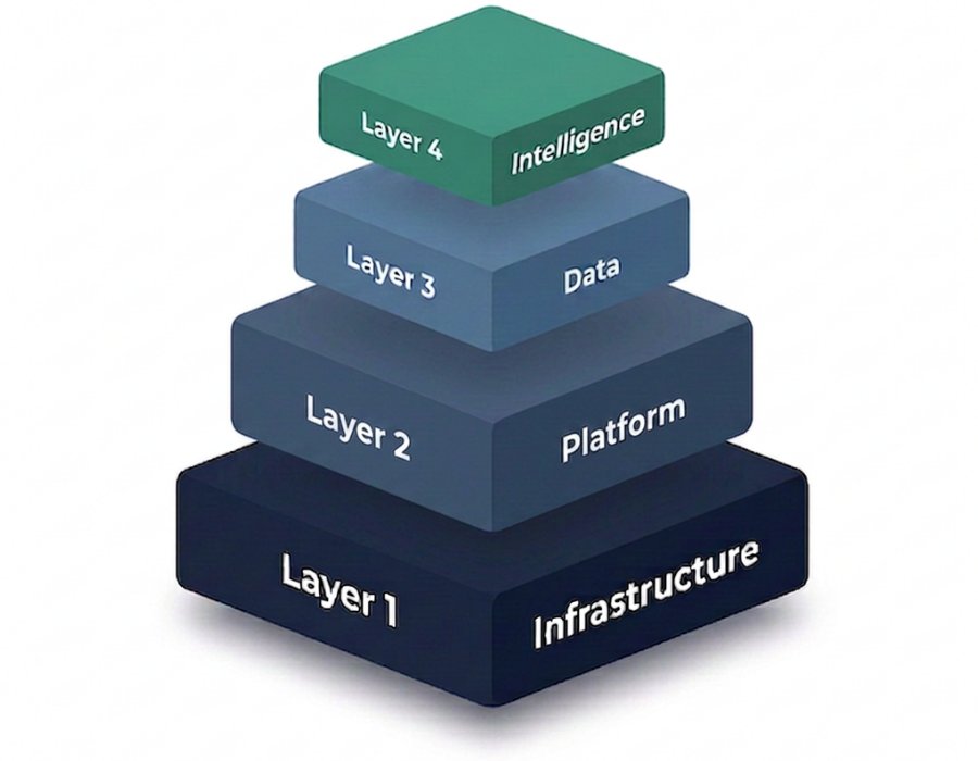 The four layers of enterprise technology, Infrastructure, Platforms, Data, and Intelligence
